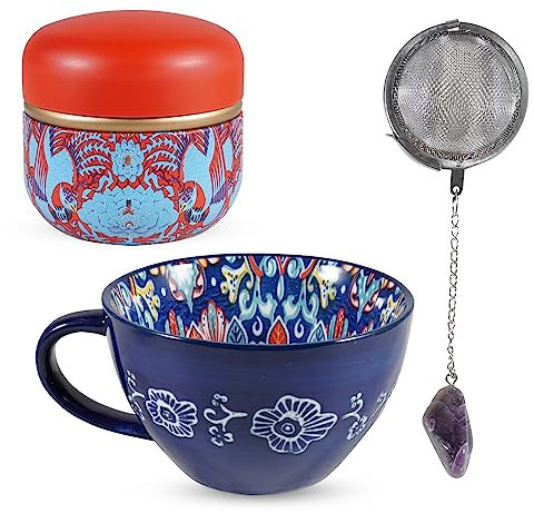 Soulnioi Mug Set Tea Cans Tin Cans Tea Leaves Tin Red +Large Capacity Mug Set for Coffee, Tea, Ice-Cream, Ceramic Coffee Mugs+Stainless Tea Strainer Natural Crystal Tea Diffuser