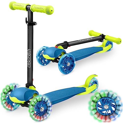 Ricokids LED Scooter Kinderroller Cityroller Tretroller Klappbar Balance-Scooter 3 Räder LOCO Schwarz-Blau-Grün
