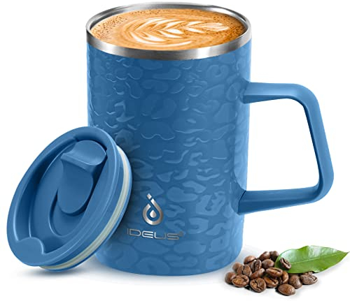 Ideus Vacuum Insulated Coffee Mug, 16oz Reusable Stainless Steel Thermal Double Walled Cup with Handle and Slider Lid for Hot & Cold Beverages, BPA Free (Leapord Blue)