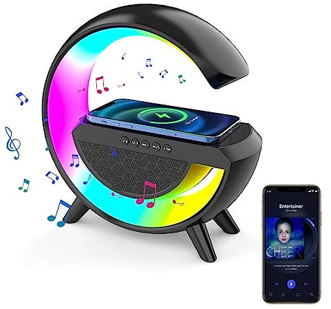 LED Table Lamp with Wireless Charger Speaker, Intelligent Atmosphere Lamp, Dimmable Night Light with Music Sync, Bluetooth Speaker and App Control, Smart Mood Light for Bedroom, Dorm (Black)