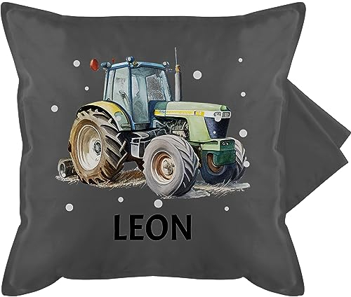 Kissenbezug - Trecker Name I Trecker Fan I Traktor Geschenk personalisiert I Geschenk Landwirt - 50 x 50 cm - Grau - traktorkissen personalisiertes Kissen Bulldog Leon baumwollkissen Tractor Pillow