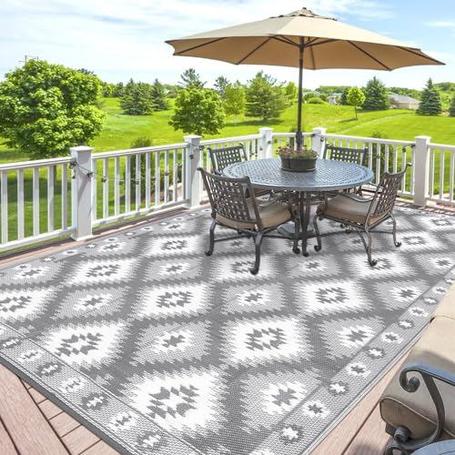 SHACOS Tapis Extérieur Terrasse Balcon Gris 150x240cm Tapis de Sol Exterieur en Plastique avec Motif Géométrique Pliable Réversible pour Terrasse, Camping, Pique-Nique, Plage