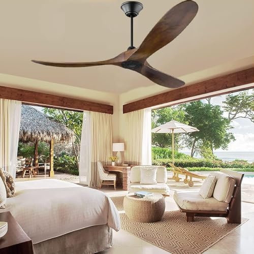 MSHENUED 70 Inch Rustic Outdoor Ceiling Fans, Solid Wood Ceiling Fan No Light with Remote, Farmhouse Large Ceilling Fan for Patios Indoor High Low Sloped Ceiliing, Brown DC Ceiling Fan