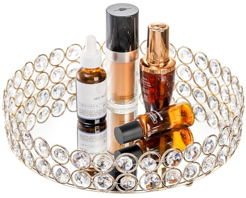 Hedume 25cm Mirrored Crystal Vanity Tray for Cosmetic Makeup, Jewelry, Trinkets, and Perfume | Ornate Decorative Organizer (Gold)