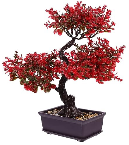 PRETYZOOM Albero Bonsai Artificiale in Vaso, Piante Finte in Plastica, Decorazioni Zen Per Tavolo, Ufficio, Soggiorno, Giardino, Cedro Giapponese Rosso, 36x30x10cm