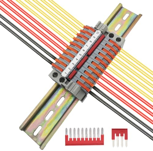Reihenklemmen Hutschiene kit, CTRICALVER Klemmleiste Hutschiene, 10 Pcs Orange Klemmenblöcke, Mit Markierungsstreifen,Sicherungsclip und Verbindungsleisten