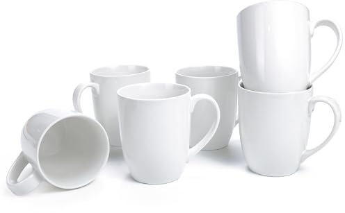 Kaffeebecher 6er Set, 450ml Keramik-Kaffeetassen mit großem Henkel für Latte, heißen Tee, Cappuccino, Kakao & Mokka, Urlaub und Einweihungsgeschenk - Spülmaschinen und Mikrowellenfest, 16oz, Weiß