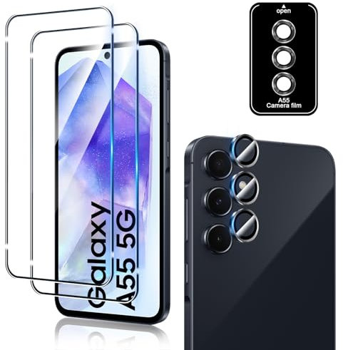 Funrae Verre Trempé pour Samsung Galaxy A55 5G avec Caméra Arrière Protecteur [2+1 Pièces], Protection Objectif Caméra Individuel pour Tout Coque，Dureté 9H HD Glass Film de Protection d’écran