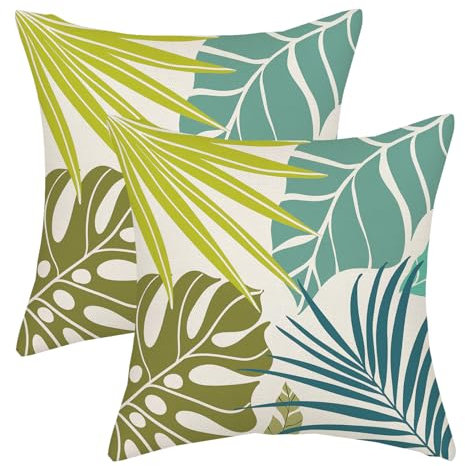 AGAYNA Set di 2 federe per cuscini estivi da esterno, 50 x 51 cm, verde lime, verde acqua, ciano, palme, per divano, foglie tropicali, foglie, piante, decorazioni per divano e letto