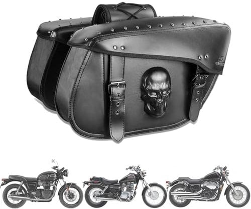 Quixofiber Satteltaschen für Mtorrad mit 3D Totenkopf Motorrad Seitentasche Motorrad Tasche 32L, PU Leder Motorradtaschen Wasserdicht für Honda Harley Yamaha Bobber Sixty Kawasaki (Schwarz)