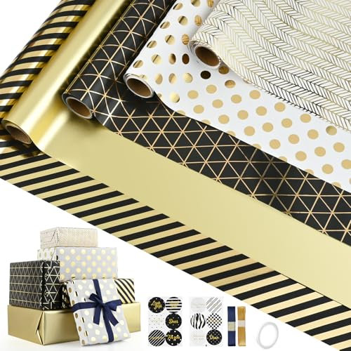 5 Rouleaux Papier Cadeau Set, Euakee 43cm x 300cm Papier D'Emballage Multicolores, Papier Cadeau pour Noël Anniversaire Mariage Thanksgiving Cadeau de Naissance Saint-Valentin (Or et Argent)