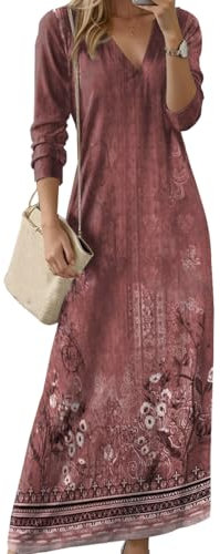 ABINGOO Donna Boho Maniche Lungo Vestito a V Tunica Stampa Maxi Abiti Casual Spiaggia Vestito Elegant A-Linie Elegant Abito(Rosa,S)