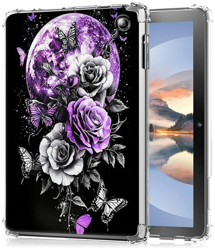 HEAKIERG Clear Case for All-New Amazon Kindle Fire HD 10 & 10 Plus Tablet (11th Generation, 2021 Release) 10.1, Transparent TPU Silicone Protective Shell Shockproof Cover Case, Purple Moon Rose