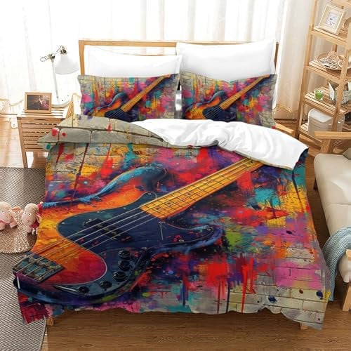 BEDPOCHY Gitarre Bettbezug Bettwäsche Set Kinderbettwäsche Reißverschluss Mit Kissenbezug Betten Set Für Jugendliche Kinder Schlafzimmer Single(140x200cm)