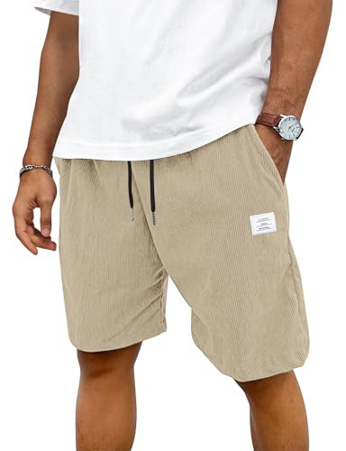 TARAINYA Corduroy Kurze Hosen Herren Baumwolle Kordelzug Shorts Herren Sommer Stretch Freizeitshorts mit Taschen Hellkhaki L