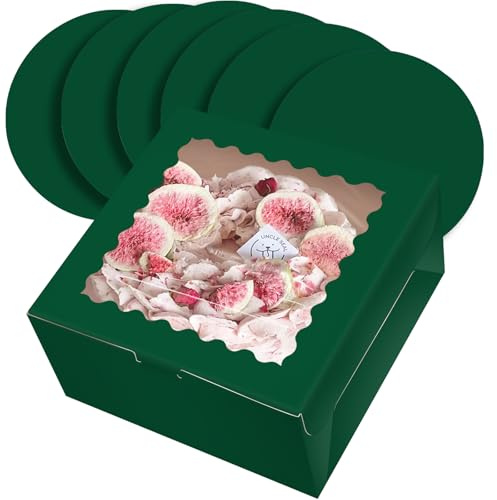 Gcardist 25.4x25.4x13cm Cake Box, 5 Sets Deep Green Cake Box with Window & 5 Sets 10 Inch Deep Green Cake Round Boards, Cake Containers(10x10x5 Inch)