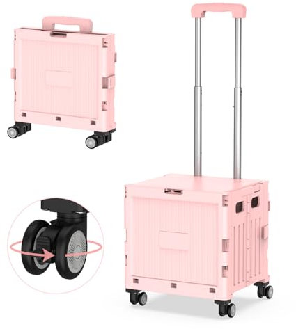 Einkaufswagen Trolley Einkaufstrolley Faltbare Einkaufstrolley-Box auf Rädern mit Deckel verschleißfester, bis 30 kg Transportbox mit 4 Rollen Shopping Trolley Verstellbarer Aluminium Griff (Rosa)