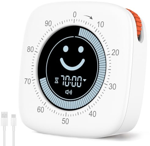 Cuteefun Temporizador Visual de 100 Minutos, Temporizador Pomodoro con Pantalla de Cara Sonriente, Ajuste Rápido, Modo Silencioso y Vibrante, Volumen Ajustable, Timer para Cocina, Reuniones, Estudi