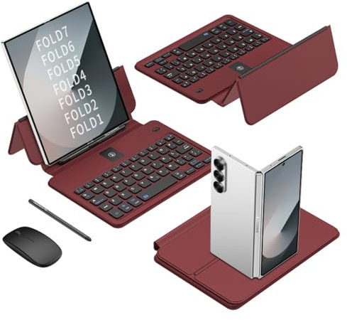 COQUE Galaxy Z Fold 6 Kit Tastatura Mobile Ufficio - Custodia in Pelle Completa + Penna Touch + Mouse Bluetooth - Per Samsung Fold 5/Fold 4/Fold 3 (Smartphone Piegalbili)-Rosso