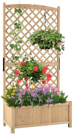 GOPLUS Jardinière avec Treillis 180cm en Bois, 4 Trou de Drainage pour Plantes Grimpantes, Fleurs, Bac à Fleurs avec Treillis pour Cour, Jardin, Balcon, 90x44,5x180,5CM (Naturel)
