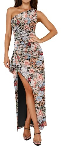 Prinbara Womens One Shoulder Floral Bodycon Maxi Dress 2026 Summer High Split Cocktail Formal Wedding Guest Long Prom Dresses Multi Floral X-Large