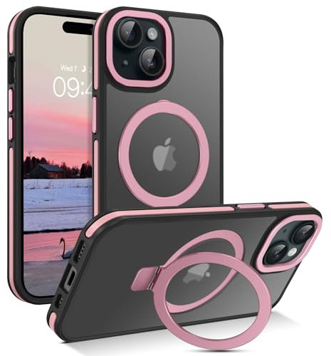 Coque Magnétique four iPhone 15 Plus 6,7 Pouces avec Support 120° Réglable[Compatible avec MagSafe], Housse Ultra-Mince iPhone 15 Plus 6,7'' Etui avec Béquille Invisible Translucide Mat - Rose