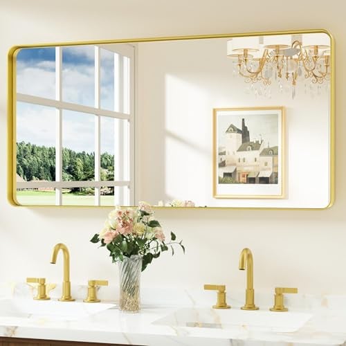 Keonjinn 120x60cm Spiegel Gold, Bad Wandspiegel, Rechteckiger Spiegel | Badspiegel mit Metallrahmen, Gehärtetes Glas Flur für Badezimmer, Wohnzimmer, Schlafzimmer, Wanddekoration