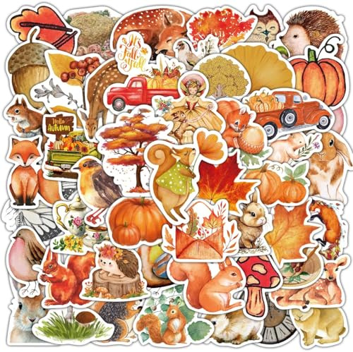 LXONTSG Herbst-Sticker, 50 Stück Herbst-Aufkleber mit Tieren, Dekorationen für Scrapbooking, Thanksgiving, Orange, Vinyl, natürlich/saisonal