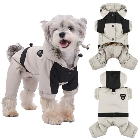 Duuclume Warmer Hundemantel mit Kapuze, wasserdicht, winddicht, für den Winter, Ganzkörper-Hundejacke, Schneeanzug, verstellbar, für kaltes Wetter (Beige, M)