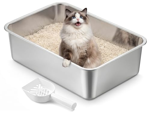 Feandrea Katzenklo Edelstahl, offen, mit Schaufel, M, 50 x 35 x 15 cm | Katzentoilette, antihaftbeschichtet, geruchsfrei, leicht zu reinigen, BOXAL Kollektion PPT016E101