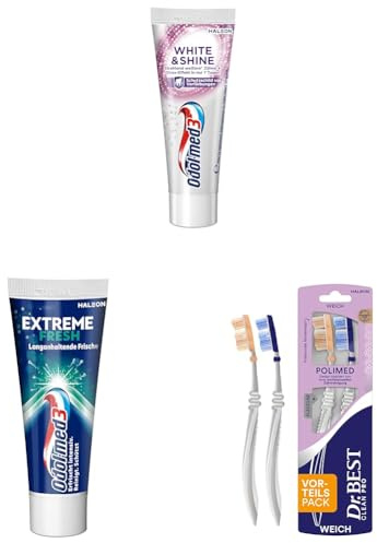 Reisezahnbürste mit Zahnpasta Set, Travel Set, Mini | 1x Odol-med3 White & Shine Zahnpasta 15ml, 1x Extreme Fresh Zahnpasta 15ml, 2x Dr.Best Polimed Zahnbürste Vorteilspack