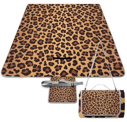 FekiLoot Picknickdecke mit Leopardenmuster, 148 x 148 cm, faltbare Outdoor-Picknickmatte, wasserdicht, hitzebeständig, Campingmatte mit Tragegriff, tragbare Picknickdecke für Park, Strand und Hof