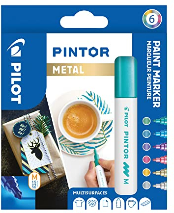 PILOT PINTOR Kreativmarker – 6 Stück in M – Metallicfarben – Farbmarker-Stifte für DIY-Projekte, für fast alle Oberflächen, schnell trocknend und gut deckend