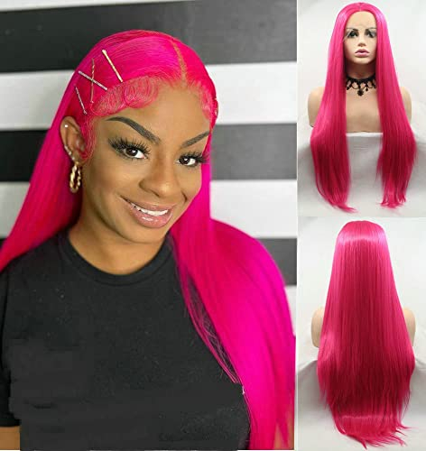 Hellrosa Perücke, lang, glatt, synthetische Lace-Front-Perücke für Damen, Hot Red Pink, halb handgeknüpft, hitzebeständige Faser, Mittelscheitel, tägliches Tragen, Cosplay-Perücke, Drag Queen