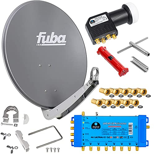Fuba 8 Teilnehmer Digital SAT Anlage 65cm Schüssel DAA650A Anthrazit + hb-digital UHD 414 S Quattro LNB 0,1dB HDTV 4K + UHD-MS 5/8 Multischalter + Aufdreh-Set + 24 vergoldete F-Stecker Gratis dazu