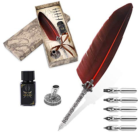 Antikes Schreibset, Akozon Füller Linkshänder, Schreibfeder, Vintage Kalligraphie Quill Dip Pen, Füllfederhalter mit 6 PCS Nibs für Kunst und Handwerk, Zeichnung(rot)