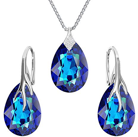 Ohrringe Silber 925 Hängend - Kette Damen mit Anhänger - Schmuck Set für Sie - mit Kristallen - Halskette Damen Silber 925 - elegante Ohrringe Hängend - Silber Kette - Birnenform (Bermudablau)