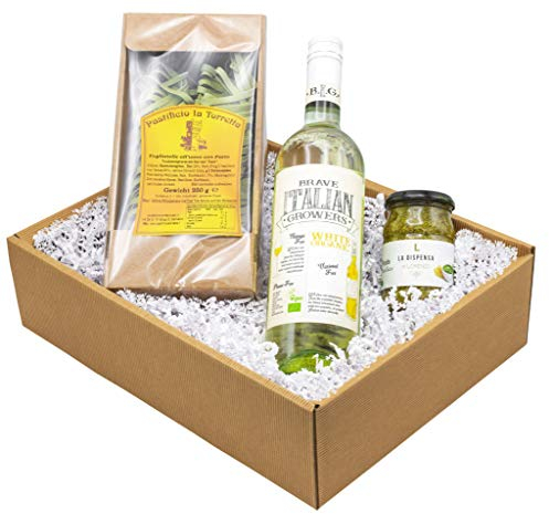 The Wine Guys Weinpräsent Präsentkorb „Pesto e Vino“ mit italienischen Spezialitäten: Italienischer Feinkost und Weißwein (1 x 0,75 l, 13,5% vol.) NV trocken (1 x 0.75 l)