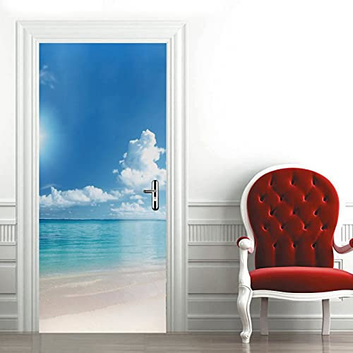A.Monamour Türtapete Selbstklebend Türfolie Türposter 3D Sommer Sandstrand Meer Blauer Himmel Weiße Wolken Natur Landschaft Vinyl Folie Türdeko Tapete Wandbild Türaufkleber Türtattoo 77 x 200 cm