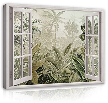 Bilder Fensterblick Wald Dschungel - Modern Canvas Leinwandbild XXL Illusion Fenster Schlafzimmer Wohnzimmer Wandbild Kunstdruck Wandbilder Wand Bild auf Leinwand Aufhängefertig (14051, 80x60 cm)