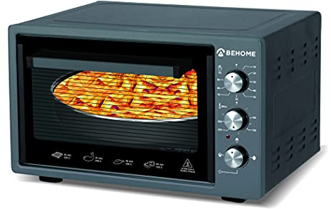 BEHOME Forno Elettrico Ventilato 38 litri con Girarrosto, Autopulente e Smaltato, Temperatura fino a 320° Doppio Vetro con Luce Interna e Timer 2 Teglie e 1 Griglia (Nero)