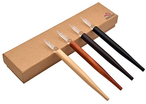 XIAOYU 4pcs handgefertigter Glas-Holz-Dip-Stift, Kalligraphie-Stift für Kunstsignaturen Kalligraphie-Zeichnungsdekoration, kurz (16,5 CM)