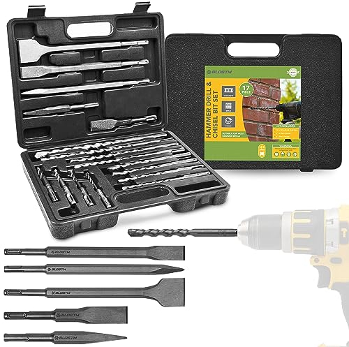 BLOSTM SDS Drill Bit Set - 17pcs Impact SDS Chisel Bits & Hammer Drill Bits Set with Carbide Tips & Compact Drill Bit Storage Case for Concrete, Tile, Brick & More
