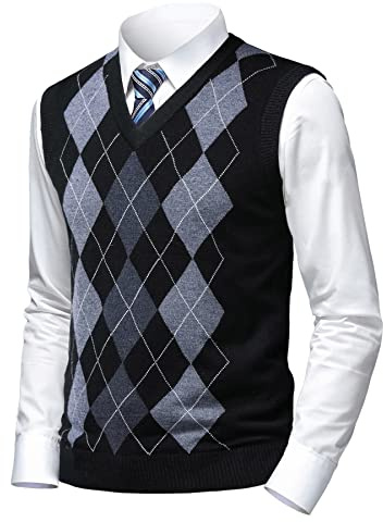 Herothorn Argyle-tröja för män västar klassisk V-ringad ärmlös pullover grå svart stickade kläder fina linnen för pappa make