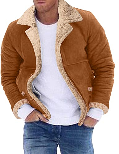Chaqueta Bomber de Cuero para Hombre - Piel de Oveja Gruesa, Chaqueta de Invierno con Solapa de Moda, Caqui, Talla L