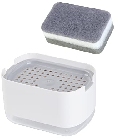 Obsoorth 10oz Dish Soap Dispenser for Kitchen Sink with Sponge Holder Push Down Pump Caddy Tray Container Set Dishwashing Liquid Detergent Organizer on Countertop Travel Trailer - White