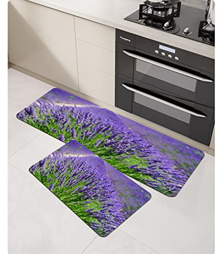 URSOPET Küchenteppich Küchenläufer Küchenmatte,Lila Lavendel Blumenmuster,Dekoläufer für Küche Flur Teppich Läufer waschbar waschbare