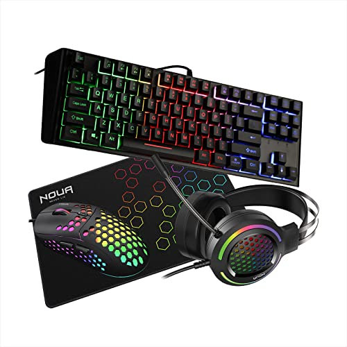 Noua Gaming USB Kit 4in1 Cuffie Rainbow, Mini Tastiera Illuminata con 12 Tasti Multimediali e Anti-ghosting, Layout Italiano QWERTY, Mouse 7200DPI con 6 Pulsanti, Tappetino Antiscivolo - Nero