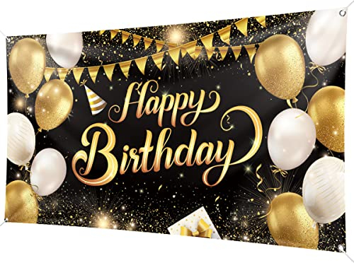 Happy Birthday Hintergrund Banner 200 x 110cm Große Größe Geburtstag Banner Schwarz Gold Hintergrund Banner Geburtstag Party Dekorationen Zubehör für Männer, Frauen Geburtstag Party Dekorationen Feier