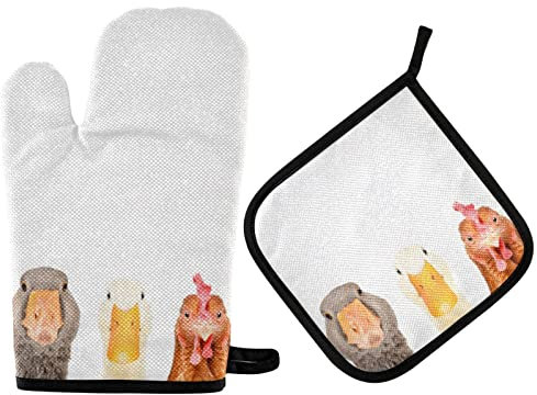 Ofenhandschuh mit Enten-Gans-Huhn-Motiv, Topflappen, Geschenkset, hitzebeständig, Kochhandschuh, Küchen-Topflappen, Grillen, BBQ, Backen